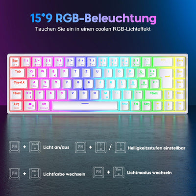 TECURS Gaming-Tastatur Mechanische Hot-Swap-Fähige, Gamer Tastatur RGB mit Kabel 65% QWERTZ Deutsch Layout, Mini Gaming Keyboard mit Rote Schalter für Windows