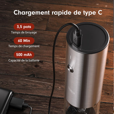 Salz und Pfeffermühlen elektrisch 2er Set aus Edelstahl (Wiederaufladbar, LED Beleuchtung, mit einstellbarem Keramikmahlwerk, Reinigungsbürste Bürste) Gewürzmühle elektrisch