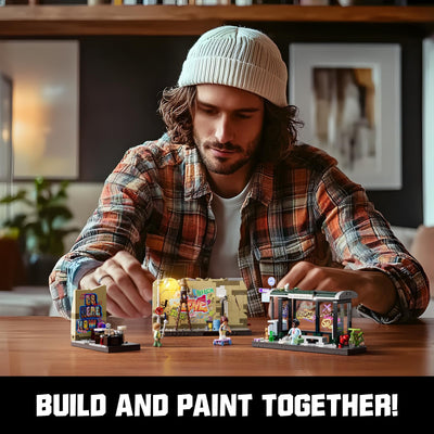 FUNWHOLE Graffiti-Bushaltestelle Klemmbausteine Beleuchtung Deko, Modular Building Straßenfusion City Town Busbahnhof,516Pcs,Geeignet für Erwachsene und Streetstyle-Liebhaber,F9066,Bus Stop