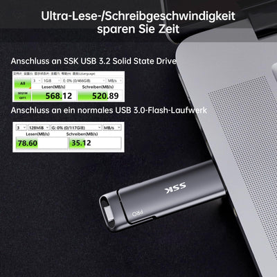 SSK USB C Externe SSD 256GB, mit bis zu 550 MB/s Extreme schneller USB-Stick, Dual-USB Typ C + USB A USB3.2 Gen2 Speicherstick für Android-Telefon, Laptop, Tablet, Mac