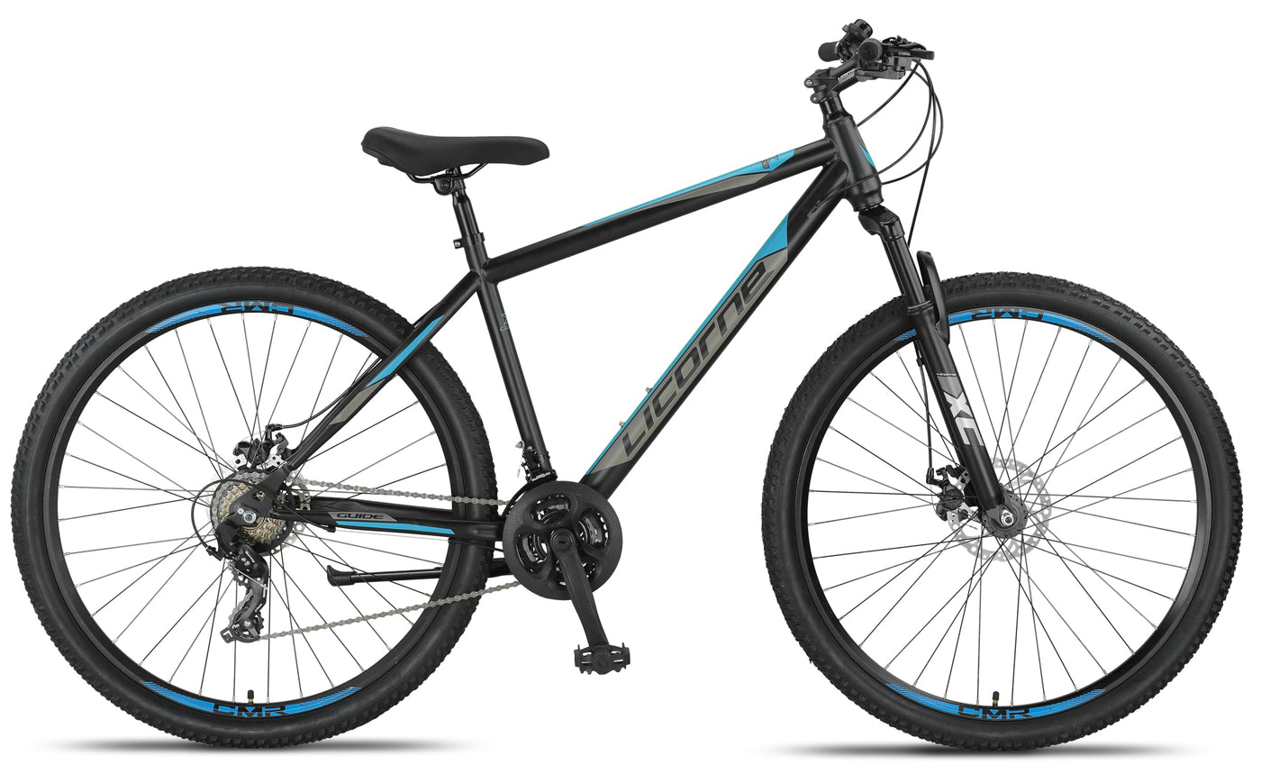 Licorne Bike Guide Premium 29 Zoll Mountainbike - Federgabel MTB mit Scheibenbremsen - Deutsche Markenqualität - Für Jugendliche & Erwachsene (Schwarz/Blau)