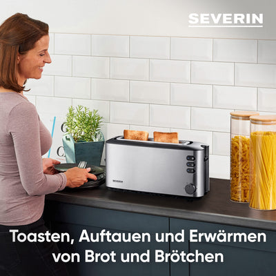 SEVERIN Automatik-Langschlitztoaster, Automatik-Toaster mit Brötchenaufsatz, Edelstahl Toaster zum Toasten, Auftauen und Erwärmen, 1.000 W, Edelstahl-gebürstet/schwarz, AT 2515