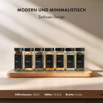EDELHAUS Gewürzgläser Eckig Set mit Plastikdeckel (24 x 120ml) Gewürzstreuer mit Streueinsatz und 240 Etiketten Schwarz - Gewürzbehälter, Gewürzdosen, Gewürze organizer [10,7cm x 4,5cm]