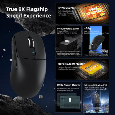 MAMBASNAKE x Attack Shark R6 39g Superlight Mouse, PixArt PAW3950MAX Gaming Sensor, Wireless 8K Mouse, MCU Nodic 52840, BT/2.4G/Wired Gaming Mouse, Adjustable DPI 42000, for Win11/Xbox/PS/Mac -Black