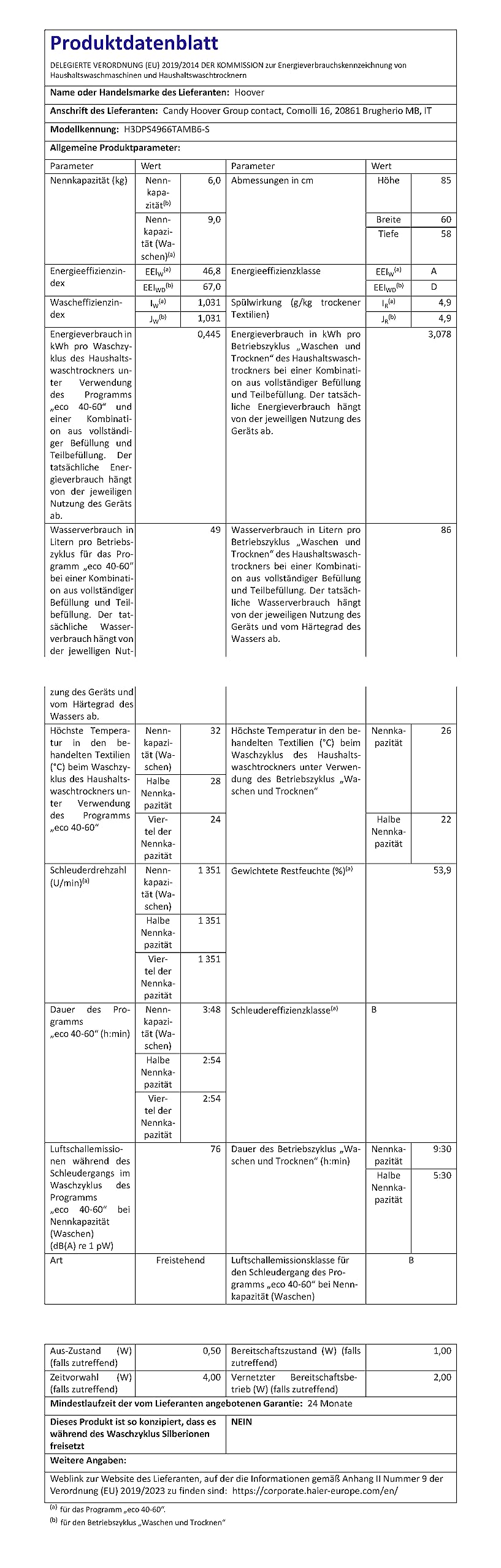 Hoover H-WASH&DRY 350 H3DPS4966TAMB6-S Waschtrockner/Energieeffizienzklasse D/A/Füllmenge Waschen 9 kg/Trocknen 6 kg/Active Steam Dampffunktion/Inverter Motor/WiFi & Bluetooth