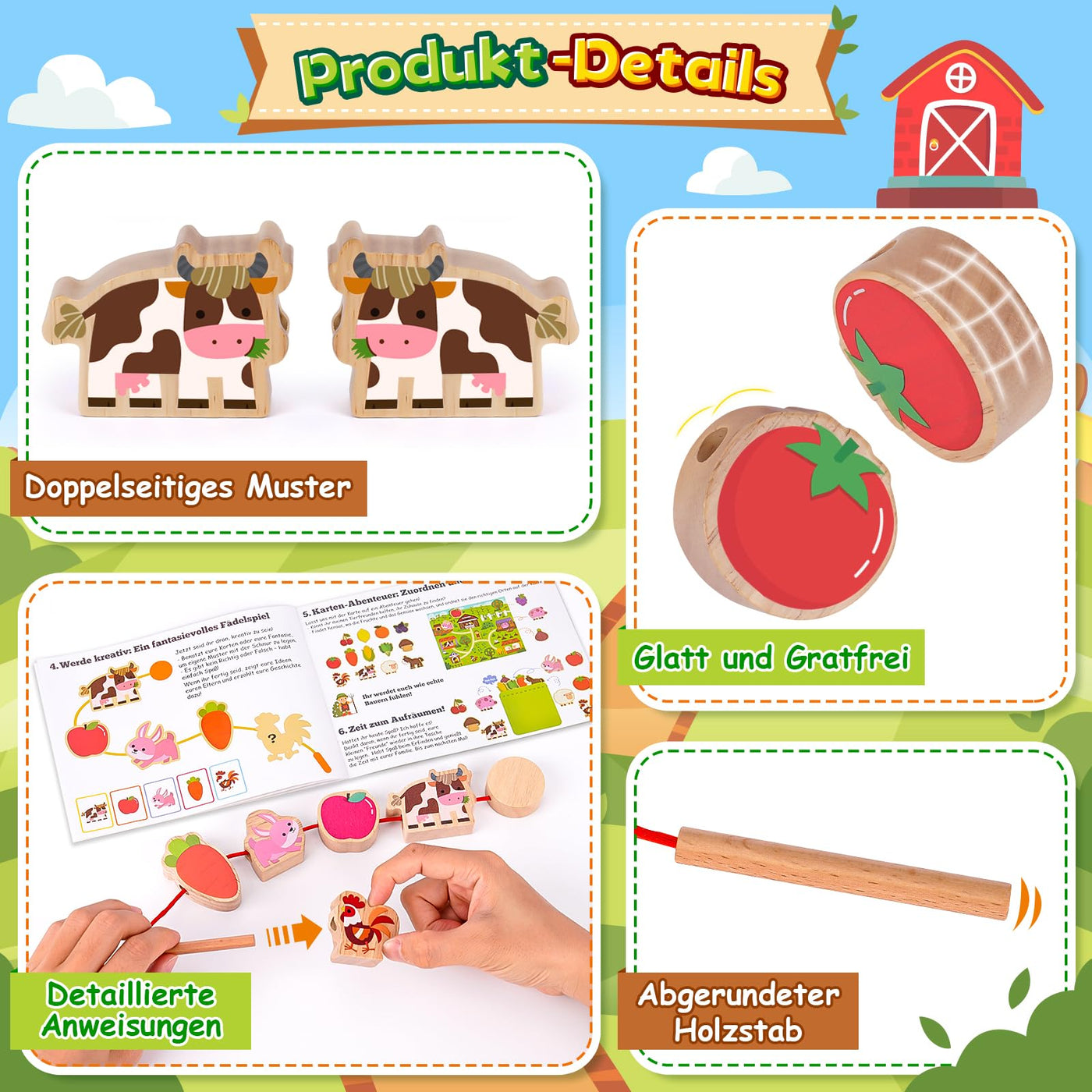 Montessori Spielzeug ab 2 1 3 Jahre: Geschenk Mädchen 1-3 Jahre Junge Fädelspiel Bauernhof Motorikspielzeug für Kinderspielzeug ab 2-3 Jahr Mädchen Holzspielzeug Lernkarten für Kleinkinder ab 2 Jahren