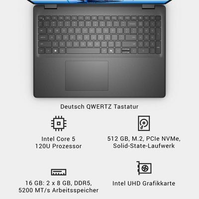 Dell 16 Laptop DC16250 – 16" FHD+ 16:10 (1920x1200), Intel Core 5 Series 1 Prozessor, Intel UHD Grafik, 16GB DDR5 RAM, 512GB SSD, Windows 11 Home, QWERTZ Tastatur, Fingerabdrucksensor – Schwarz