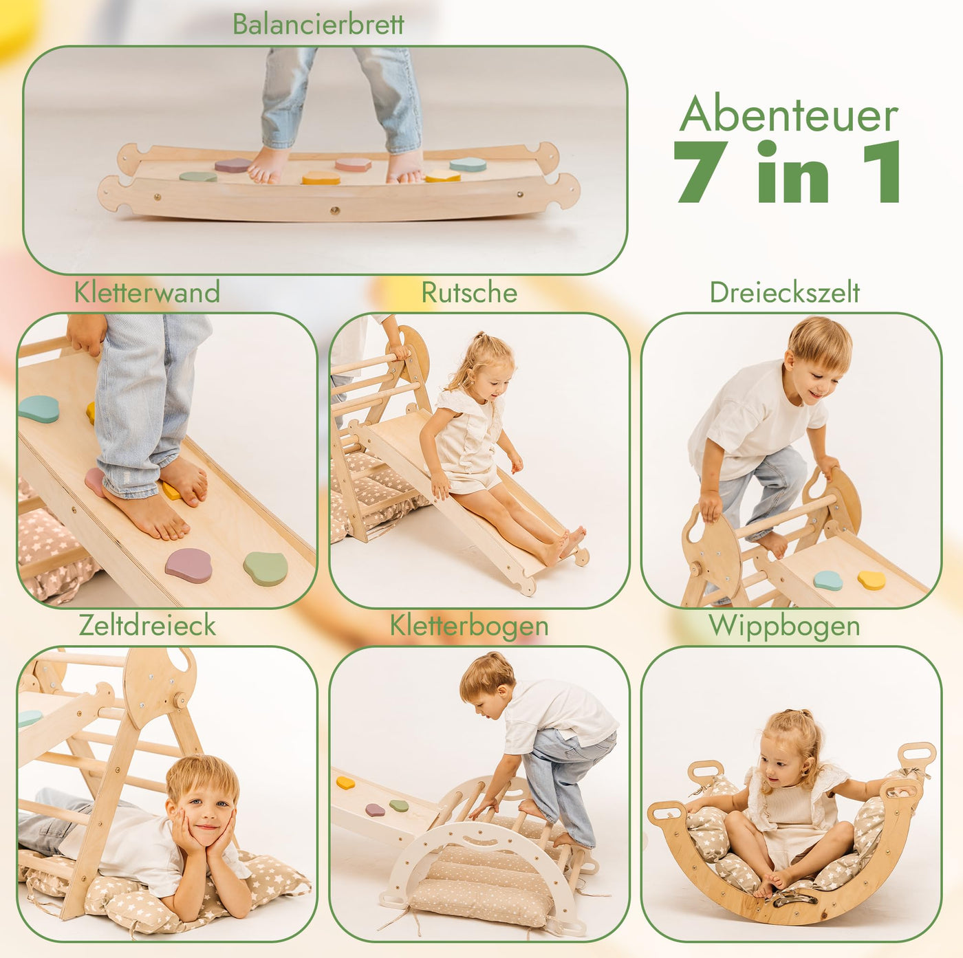 Goodevas 5-in-1 Montessori Klettergerüst Set: Indoor Kletterdreieck, Kletterbogen mit Kissen, und Rutsche für Kinder, Indoor Spielplatz 1-3 Jahre