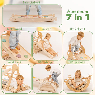 Goodevas 5-in-1 Montessori Klettergerüst Set: Indoor Kletterdreieck, Kletterbogen mit Kissen, und Rutsche für Kinder, Indoor Spielplatz 1-3 Jahre