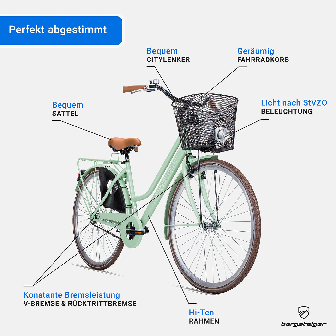 Bergsteiger Amsterdam 26 Zoll, 28 Zoll Damenfahrrad, ab 150 cm, Korb, Fahrrad-Licht, Damen-Citybike mit Rücktrittbremse, Hollandrad im Retro-Design