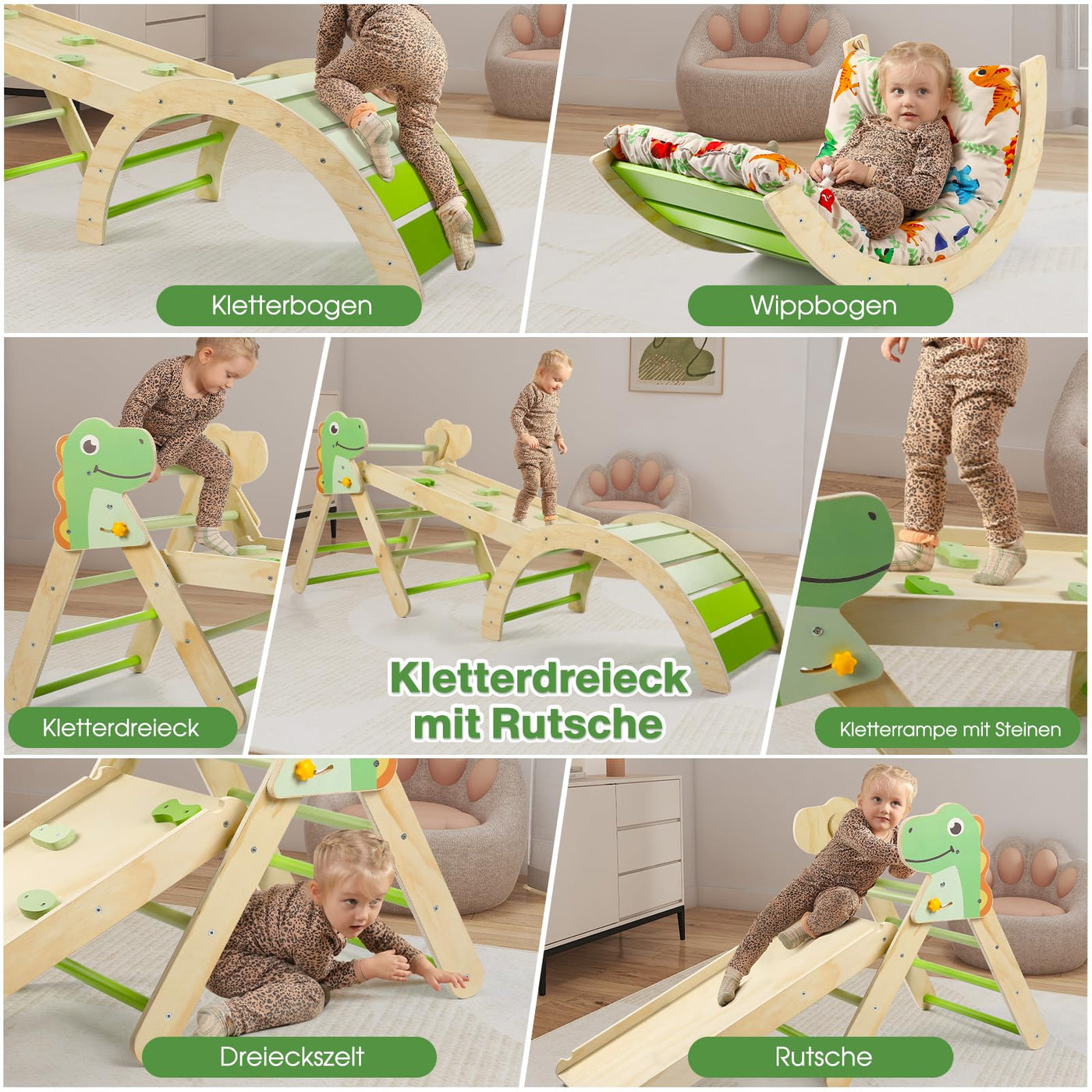 7-in-1 Montessori Kletterdreieck Set mit Rutsche, Kletterbogen & weichem Kissen – Holz Klettergerüst für Babys & Kleinkinder ab 1–3 Jahre, Indoor Spielgerät, faltbar & sicher (Dinosaur)