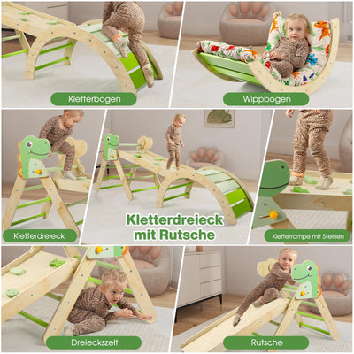 7-in-1 Montessori Kletterdreieck Set mit Rutsche, Kletterbogen & weichem Kissen – Holz Klettergerüst für Babys & Kleinkinder ab 1–3 Jahre, Indoor Spielgerät, faltbar & sicher (Dinosaur)