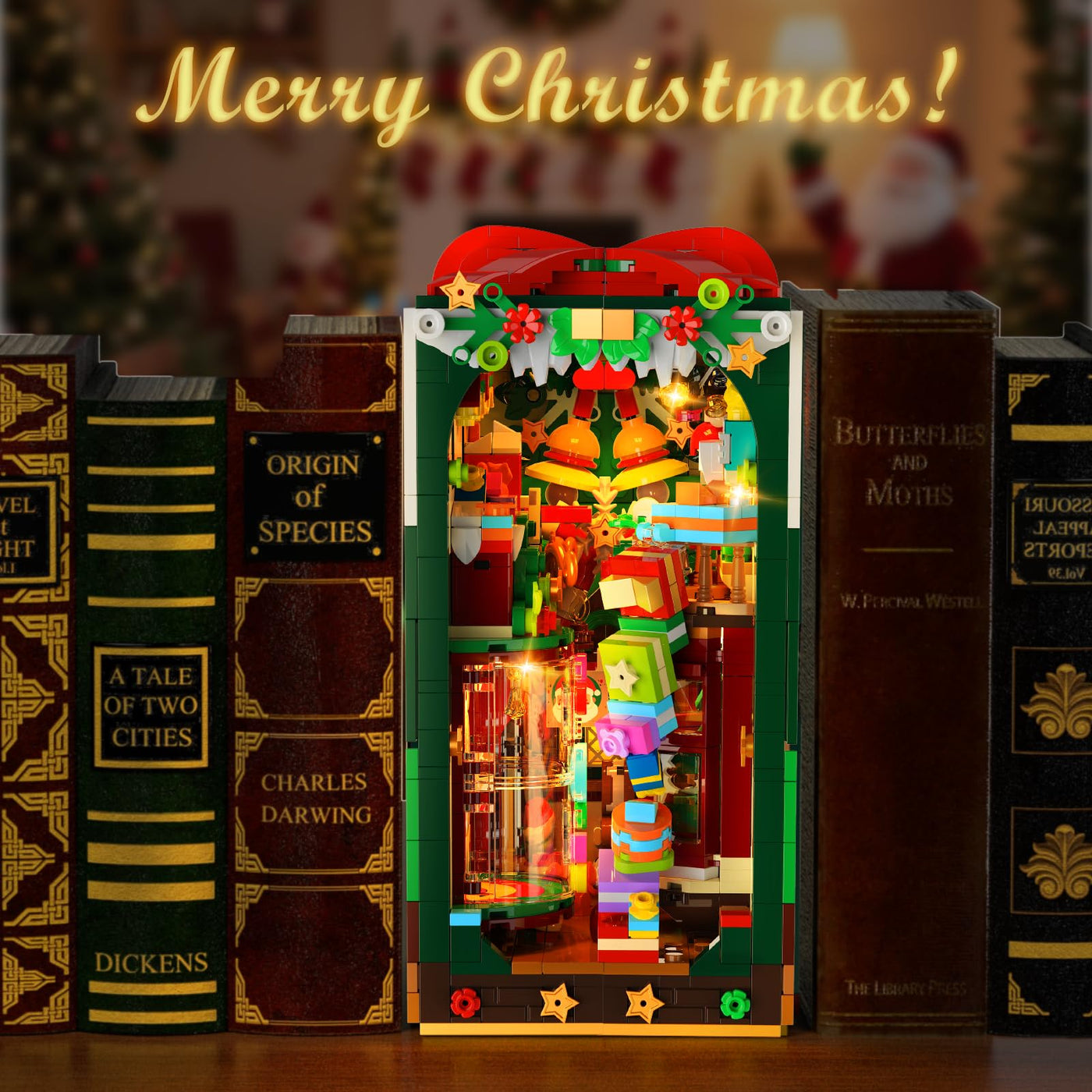 INSOON Weihnachten Book Nook Bauspielzeugset mit Licht, Weihnachts Bausteine Set mit Lebkuchenhaus Weihnachtsbaum, Weihnachts Baustein Geschenk Klemmbausteine für Erwachsene Kinder Mädchen Jungen 10+