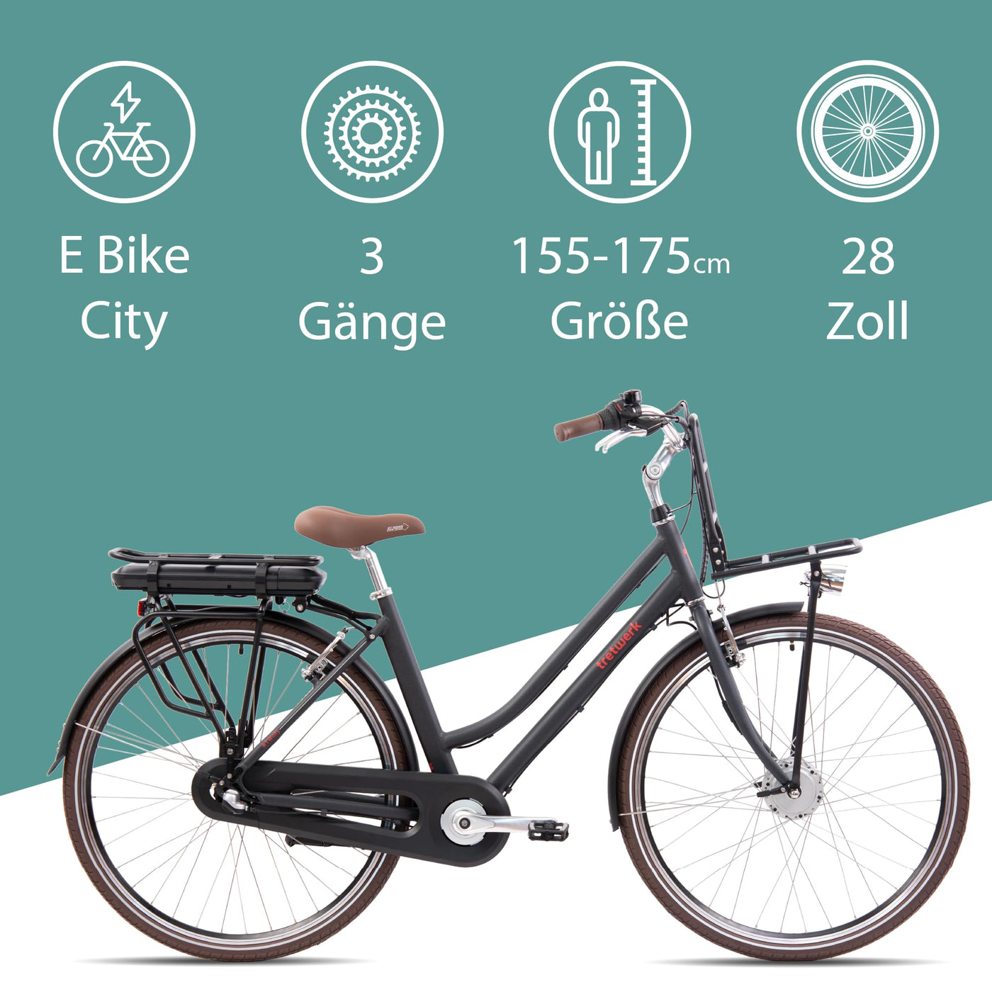 TRETWERK - 28 Zoll E-Bike Damen Pedelec - Sophia schwarz - E-Citybike Damenfahrrad mit 3 Gang Shimano Nexus Nabenschaltung - Elektrofahrrad mit Frontmotor 250W, 36V