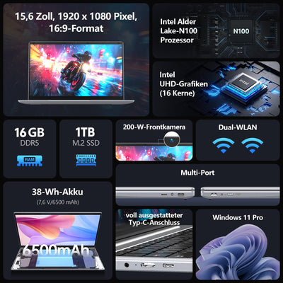 Gezoon 15.6 Zoll Laptop Computer | 15.6 Zoll FHD Display | 4C4T N100 Prozessor 3.4GHz | 16GB DDR4 RAM | 1TB SSD | UHD Graphics | Win 11 Pro | Duales WLAN | Bluetooth 5 | 2 x USB 3.0 | 6500 mAh