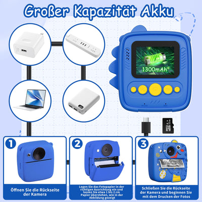 Kinderkamera Sofortbildkamera, 1080P HD 48MP Sofortbildkamera Kinder, Digitalkamera Kinder mit 32GB TF Karte, 3 Rollen Druckpapier & Dinosaurier Silikon Schutzhülle, Geschenk für Junge ab 3-12 Jahren