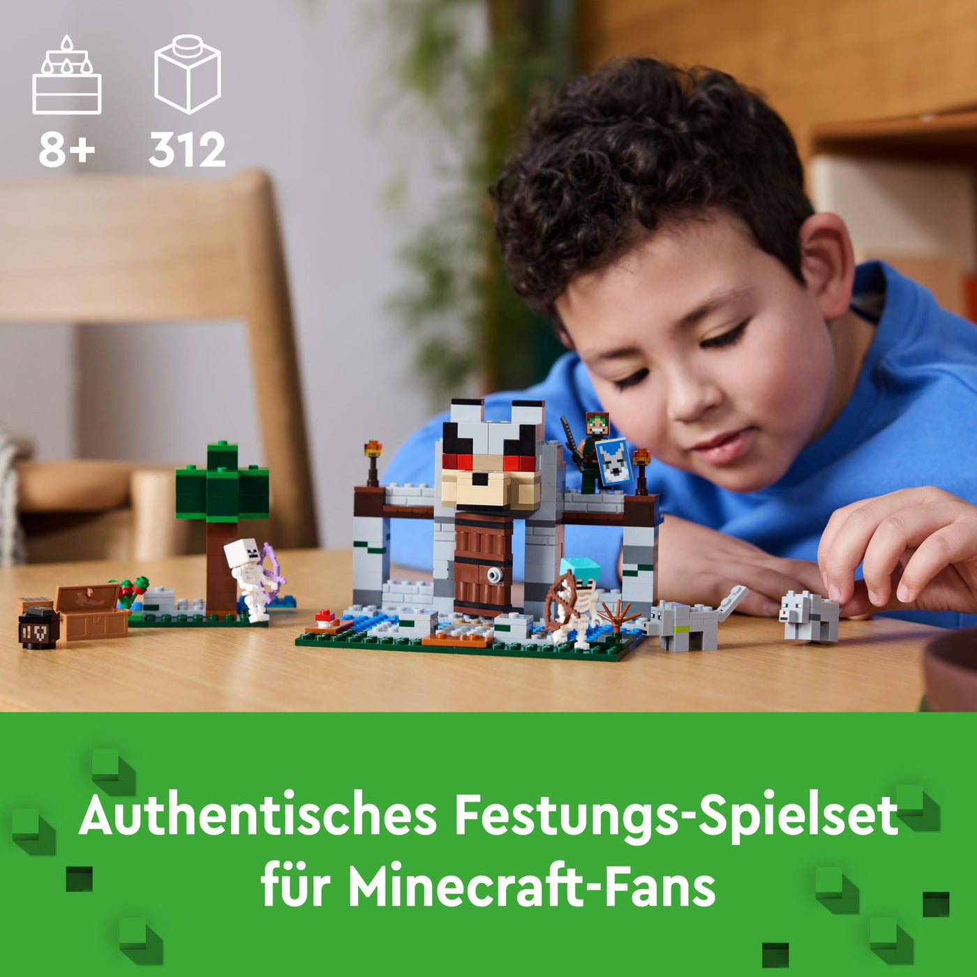 LEGO Minecraft Die Wolfsfestung - Kinder Spielzeug mit Einer Spielfigur, 2 Skelett Figuren & 2 Wölfen - Zubehör wie eine Werkbank und Schwert - Gamer Geschenk für Jungen & Mädchen ab 8 Jahren - 21261