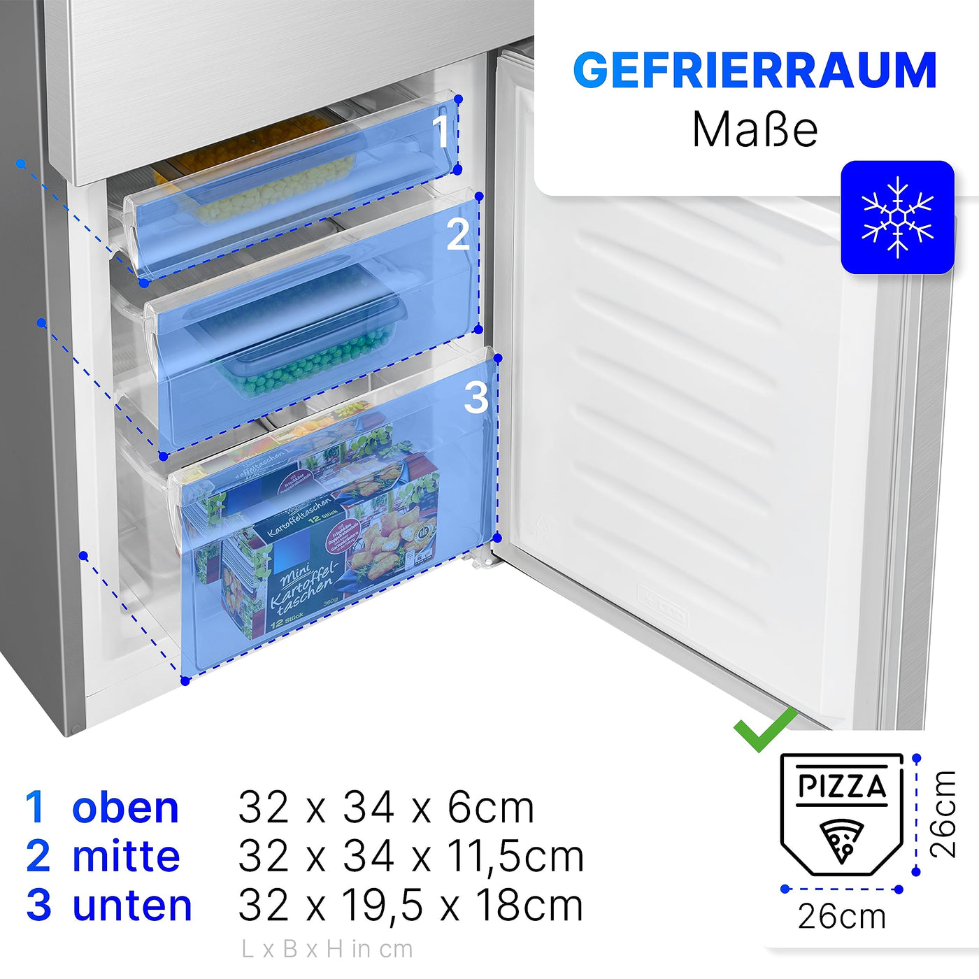 Bomann® Kühlschrank mit Gefrierfach 143cm hoch | Kühl Gefrierkombination 175L mit 3 Ablagen & 3 Schubladen | Türanschlag wechselbar | leise Kühlgefrierkombi 39db | Kühlschrank KG 322.1 inox-look