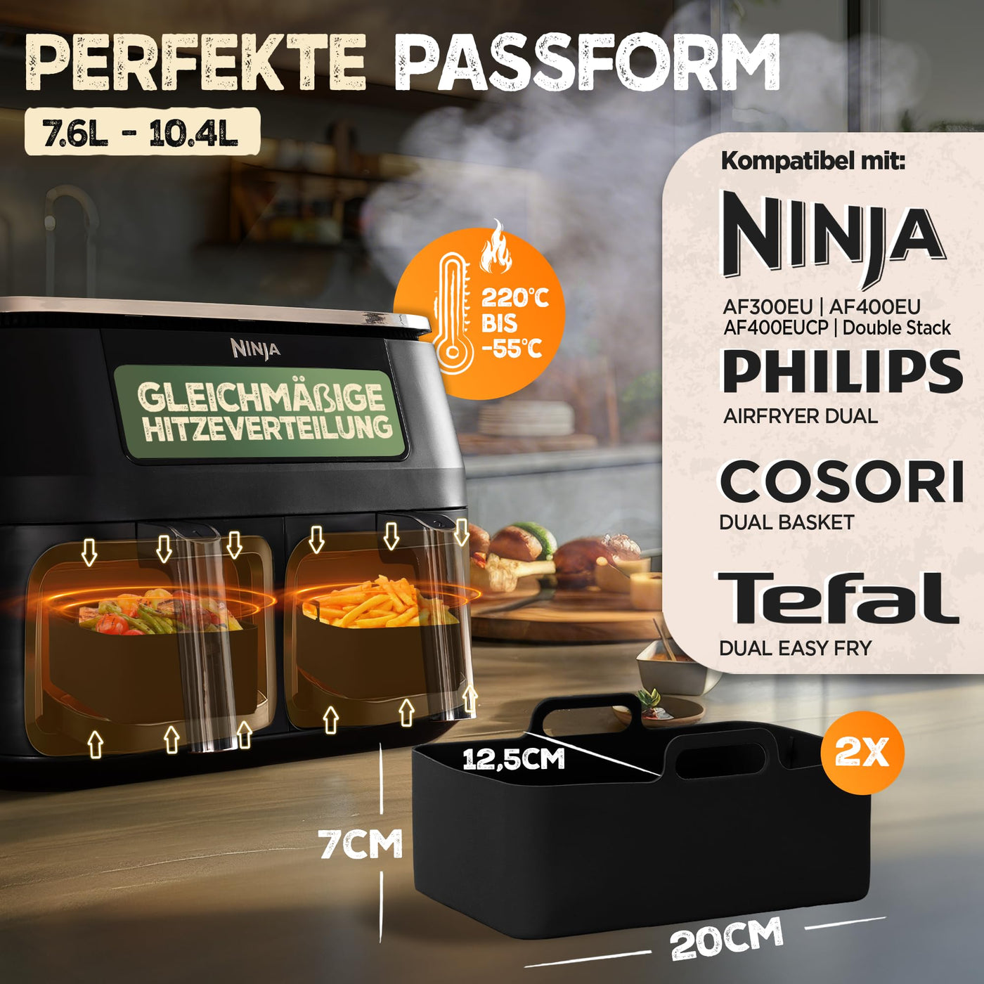 KNUSPERLIEBE® Ninja Heißluftfritteuse Zubehör Set XL Airfryer XL für Foodi AF400EU AF300EU Double Stack 7,6L-9.5L und Dual Zone Air Fryer, BPA-Frei | Air Fryer Accessories