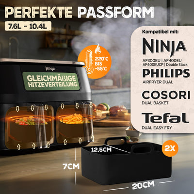 KNUSPERLIEBE® Ninja Heißluftfritteuse Zubehör Set XL Airfryer XL für Foodi AF400EU AF300EU Double Stack 7,6L-9.5L und Dual Zone Air Fryer, BPA-Frei | Air Fryer Accessories