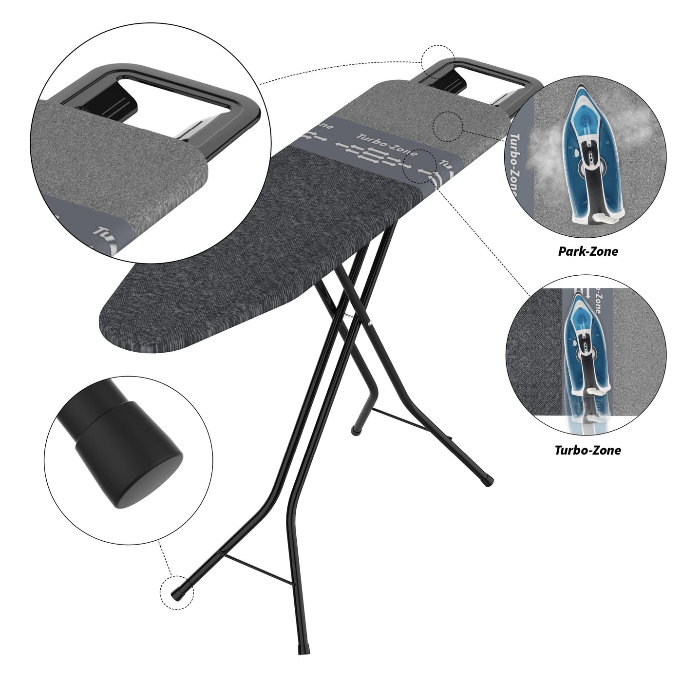 Rörets Bügelbrett Dual Action Next – Technologie, Turbo & Park Zone – 4-lagige Polsterung und Bezug – Höhenverstellbar - Bügelfläche 32x108 cm