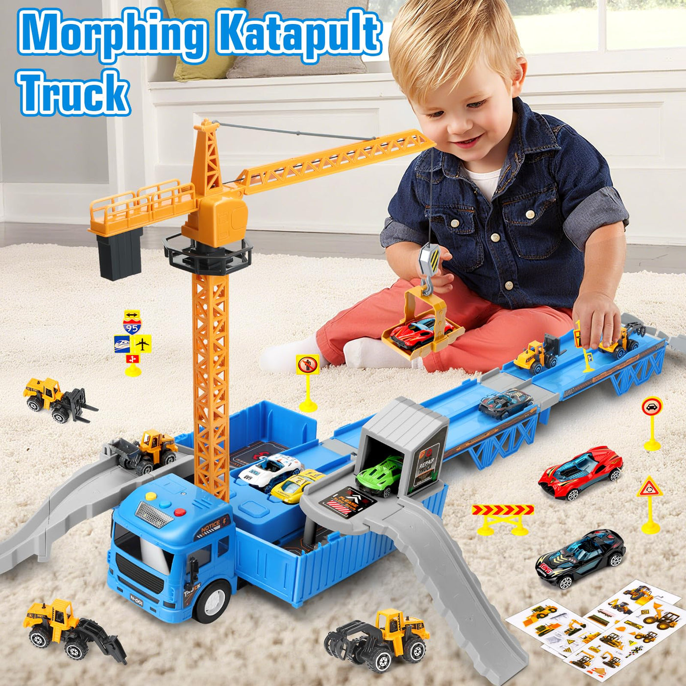 Charmofun LKW Kran mit Doppelter Auswurfschiene, Baustellenfahrzeuge Kinder Spielzeugset – Bagger, Bulldozer, Straßenwalze, Gabelstapler, Drehbarem Kran – Konstruktionsfahrzeuge Geschenk Ab 3 Jahren