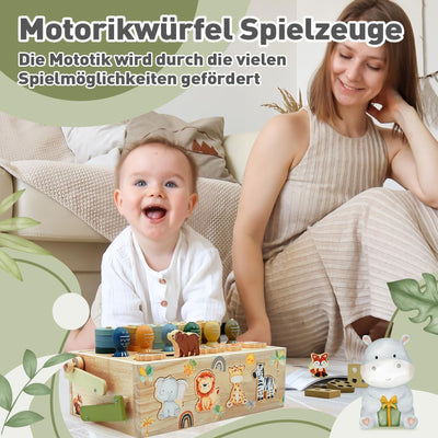 Montessori Spielzeug ab 1 Jahr, Motorikwürfel Aktivitätswürfel aus Holz 9 in 1, Safari Motorikspielzeug Holzspielzeug ab 1 2 3 Jahre, Baby Spielzeug Montessori Geschenk Mädchen Jungen 1 2 3 4 jahre