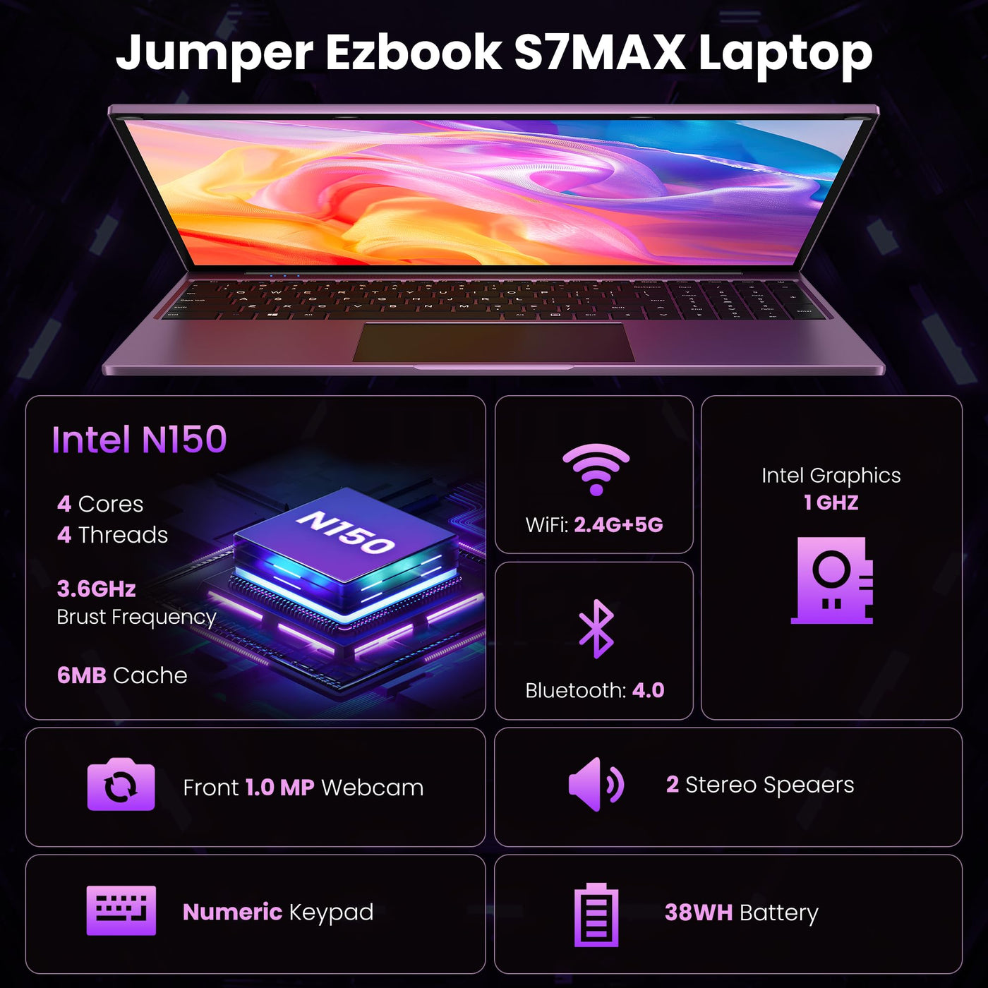 jumper Laptop 16 Zoll IPS 1920x1200, Intel N150(3,6 GHz), 16GB RAM 1TB SSD + 128GB eMMC Notebook, 2 Stereo-Lautsprecher, USB 3.0/Mini HDMI/38Wh Akku (Lila)