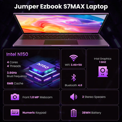 jumper Laptop 16 Zoll IPS 1920x1200, Intel N150(3,6 GHz), 16GB RAM 1TB SSD + 128GB eMMC Notebook, 2 Stereo-Lautsprecher, USB 3.0/Mini HDMI/38Wh Akku (Lila)