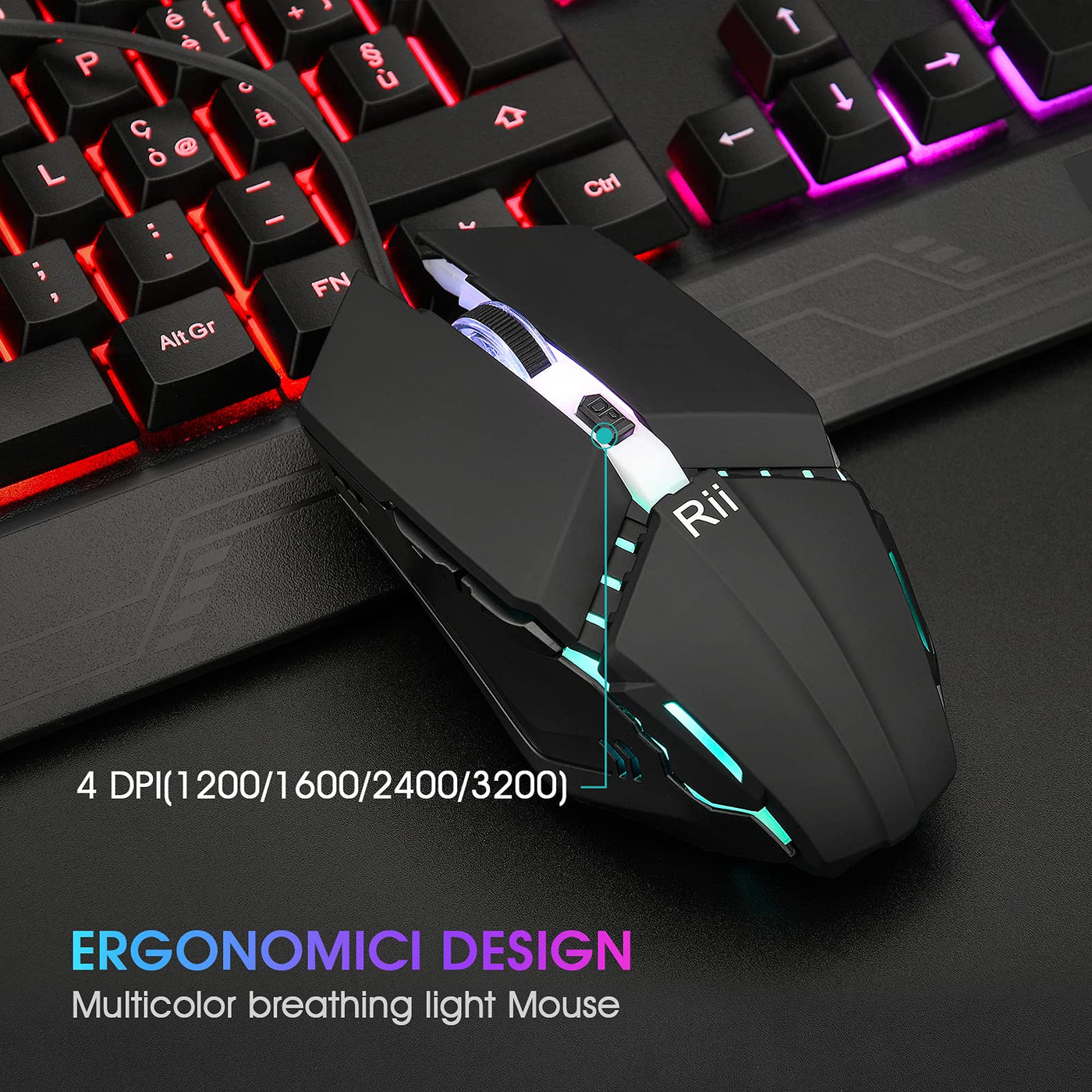 Rii Gaming RK400+ (italienisches Layout) - Set aus Tastatur und Maus, LED-Hintergrundbeleuchtung 7 Farben (Regenbogen), Anti-Ghosting, Empfindlichkeit einstellbar bis zu 3.200 dpi