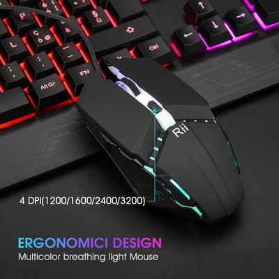 Rii Gaming RK400+ (italienisches Layout) - Set aus Tastatur und Maus, LED-Hintergrundbeleuchtung 7 Farben (Regenbogen), Anti-Ghosting, Empfindlichkeit einstellbar bis zu 3.200 dpi