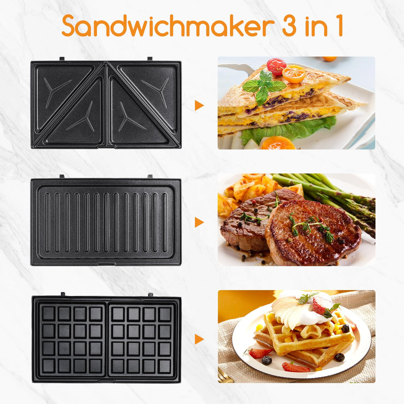 Sandwichmaker 3 in 1, Sandwichtoaster, Kontaktgrill, Waffeleisen 3 in 1, 3 Abnehmbare, Spülmaschinengeeignete und Antihaftbeschichtete Grillplatten, Dreieckig Sandwich Maker 30JVU, 750 W