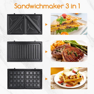 Sandwichmaker 3 in 1, Sandwichtoaster, Kontaktgrill, Waffeleisen 3 in 1, 3 Abnehmbare, Spülmaschinengeeignete und Antihaftbeschichtete Grillplatten, Dreieckig Sandwich Maker 30JVU, 750 W