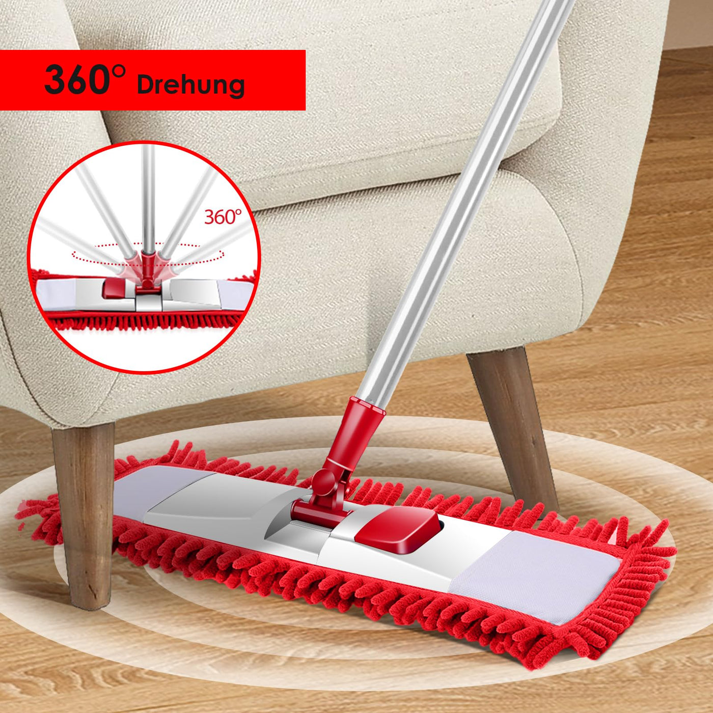 HEVOL Flach Wischmopp,Chenille Mikrofaser Bodenwischer mit 125cm Edelstahlgriff und 4 Wischpads,Flachmopp für Hartholz, Laminat, Fliesenboden,Senden 1 Schaber