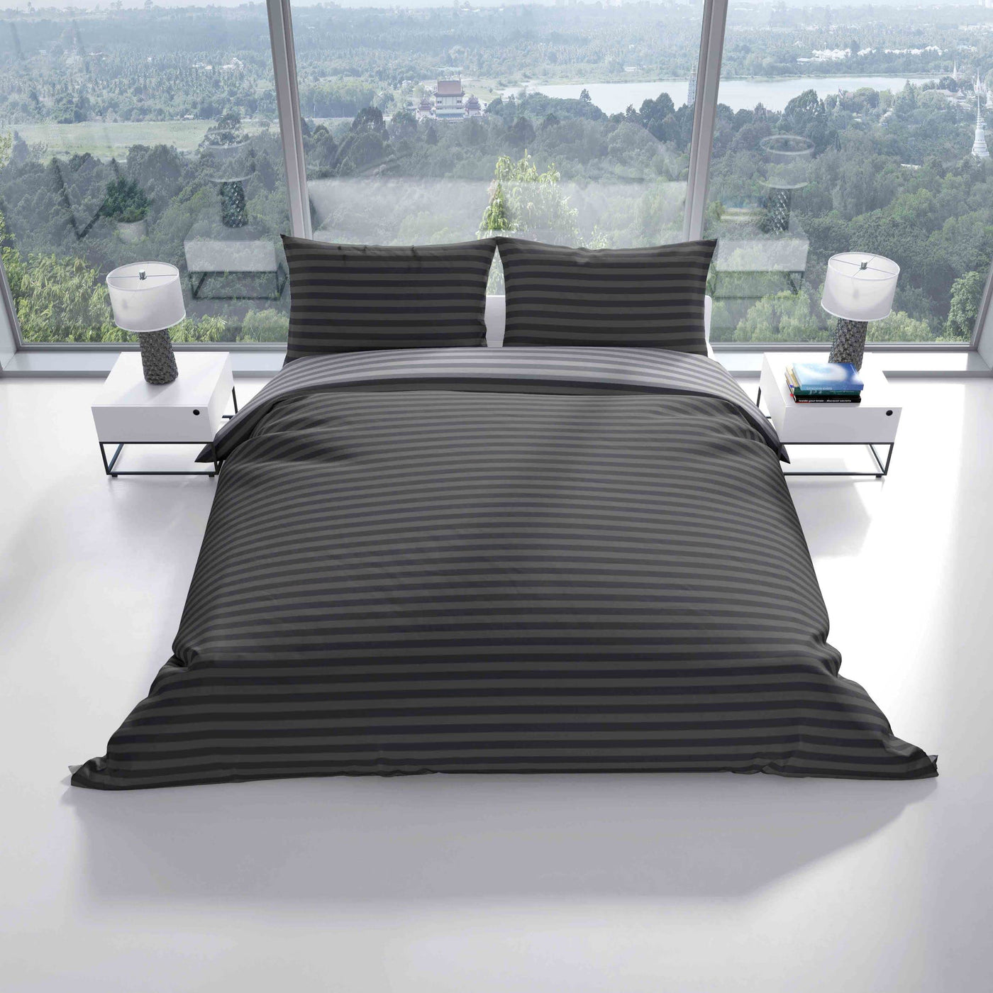 Leonado Vicenti Bettwäsche Baumwolle 135x200 Silber Grau Gestreift Set Schlafzimmer Garnitur Wendebettwäsche Bezug Decke mit Reißverschluss