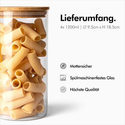 KIVY Vorratsgläser mit Deckel Luftdicht - 4 x 1200ml - Vorratsdosen Glas mit Deckel - Vorratsdosen mit Deckel luftdicht Glas - Vorratsglas mit Deckel - Vorratsbehälter Glas Aufbewahrung Holzdeckel