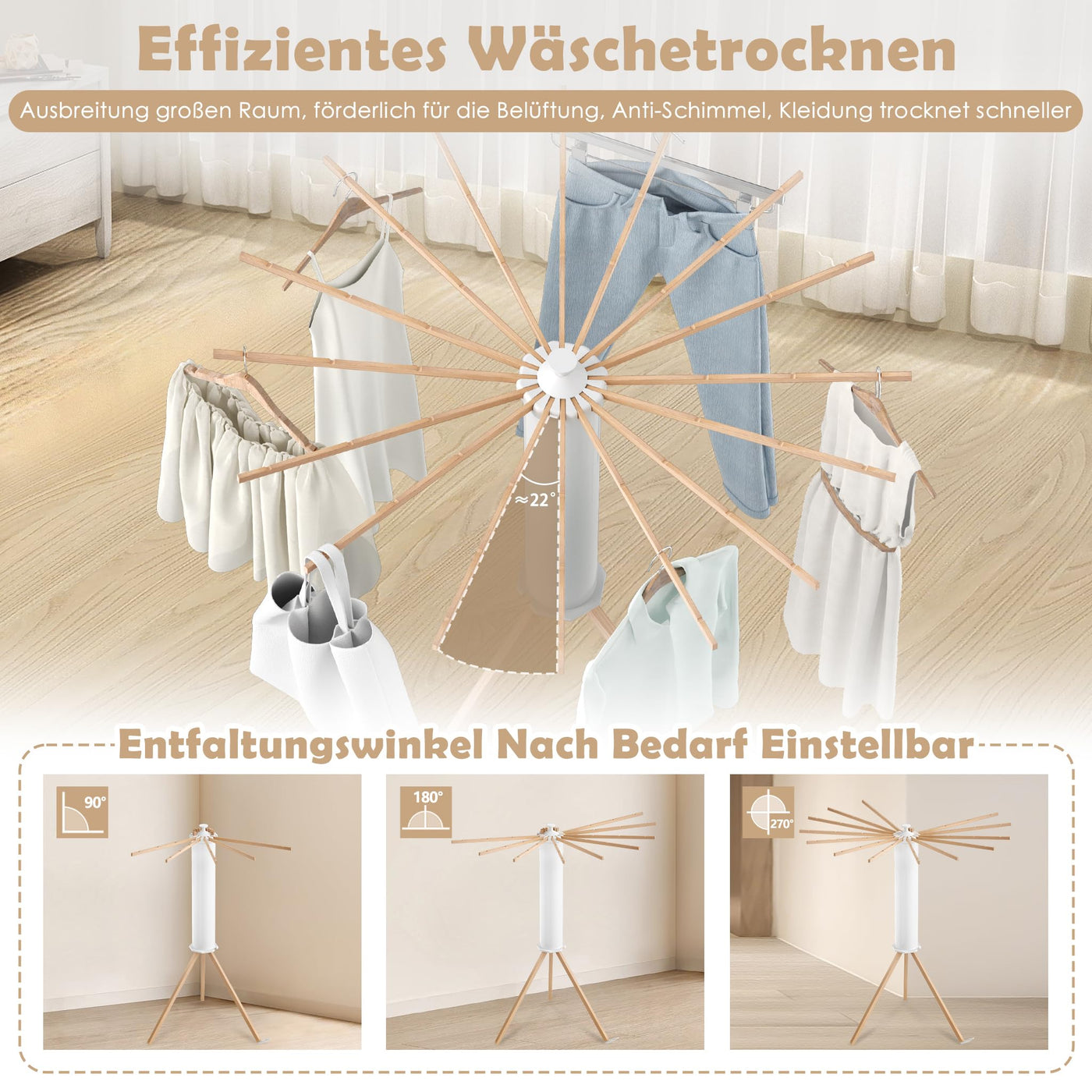 UISEBRT Wäscheständer Tragbar Trockengestell Faltbar Octopus Wäscheständer mit Holzstange Platzsparend Trockenständer für Drinnen Bodenwäscheständer Turmwäscheständer für Balkon Schlafzimmer
