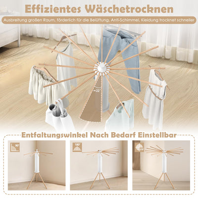 UISEBRT Wäscheständer Tragbar Trockengestell Faltbar Octopus Wäscheständer mit Holzstange Platzsparend Trockenständer für Drinnen Bodenwäscheständer Turmwäscheständer für Balkon Schlafzimmer