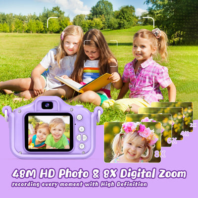 48 MP Kinderkamera für Mädchen Jungen 3-12 Jahre, 1080P Digitalkamera Spielzeug Kinder Kamera, Spielzeug Geschenk für 3 4 5 6 7 8 9 10 Jahre Mädchen, 32 GB SD-Karte und Einhorn Silikonhülle (Lila)
