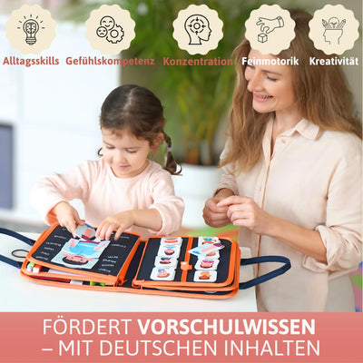 Lion’s Collection® Busy Board Deutsch mit Reisetasche & Montessori Buch – Quiet Book & Busy Book für Kleinkinder ab 3 Jahre – Activity Board, Motorikbuch & Lernbuch – Reisespielzeug Auto & Flugzeug