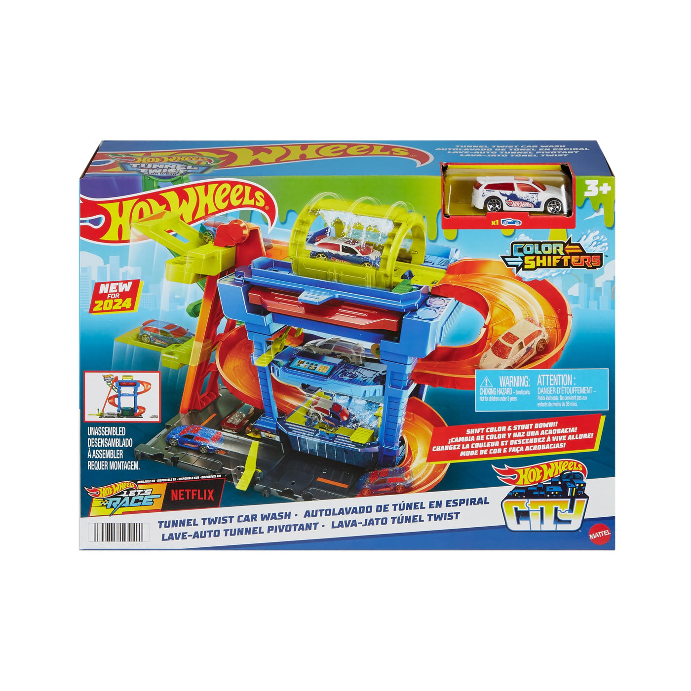 Hot Wheels Let's Race Netflix - City Spielzeugauto-Trackset, Farbwechsel-Tunnelautowaschanlage mit 1 Farbwechselfahrzeug im Maßstab 1:64, HTN80