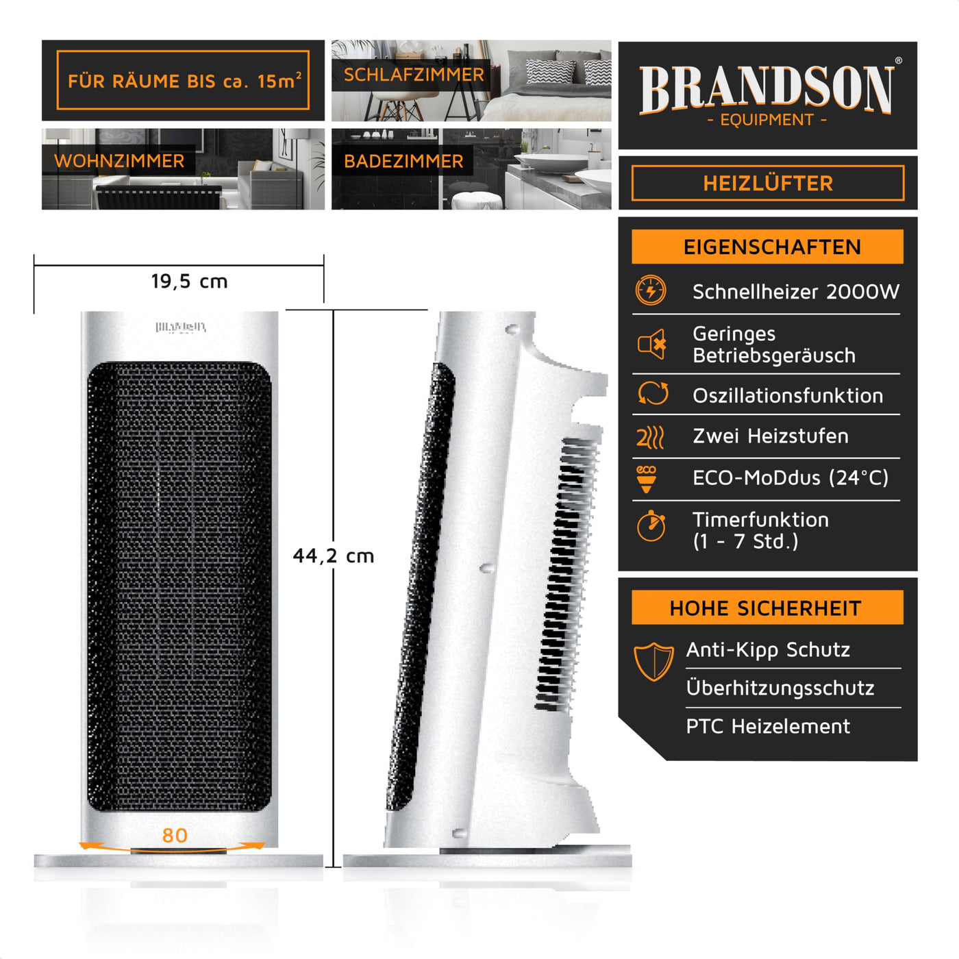 Brandson - Heizlüfter mit Fernbedienung - Preisträger 2025 - energiesparend leise - mit Thermostat Oszillation Timer - Weiss
