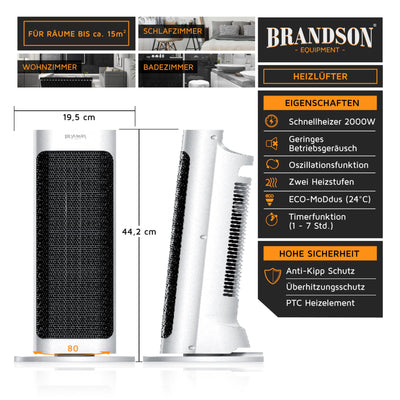 Brandson - Heizlüfter mit Fernbedienung - Preisträger 2025 - energiesparend leise - mit Thermostat Oszillation Timer - Weiss
