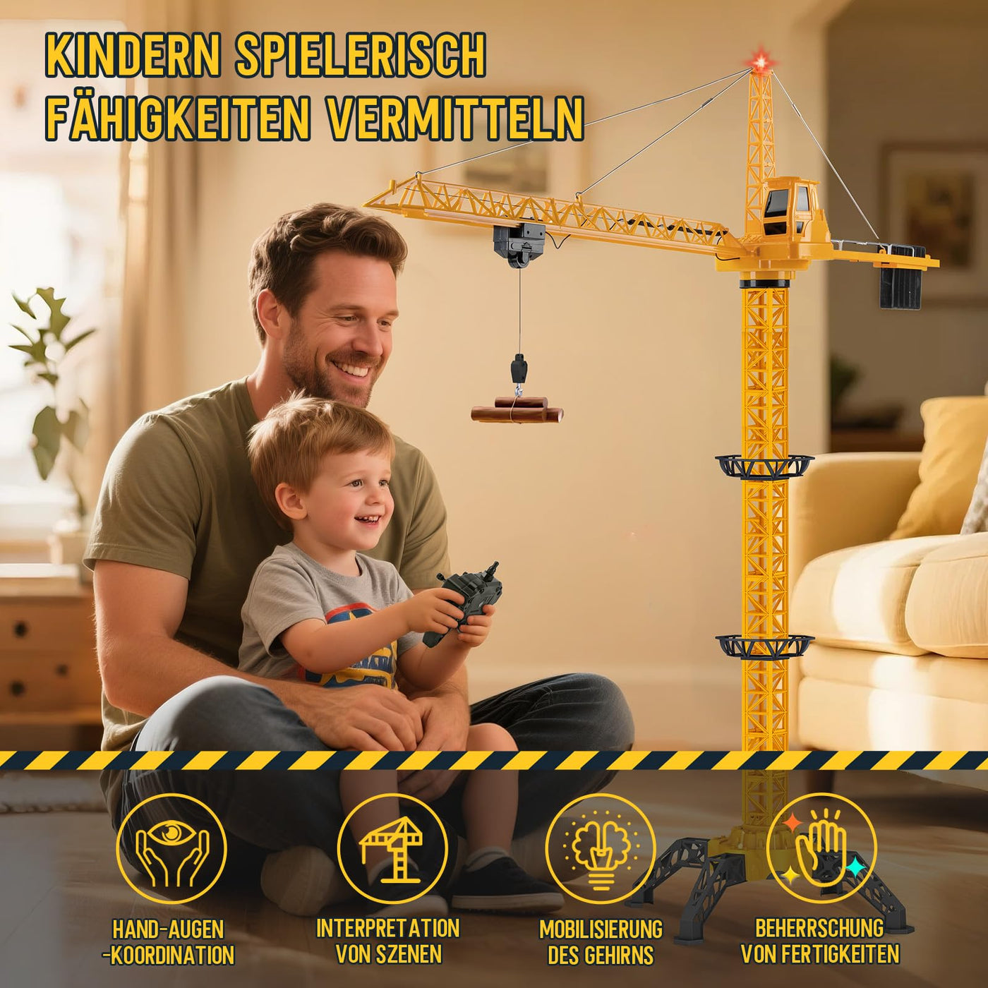 JONRRYIN Ferngesteuerte Turmkran 138 cm Höhe, 2,4 Hz 6 Kanäle RC Kran, 680 Grad Rotation Ferngesteuerte Baukran Tower Crane mit Lichter für Kinder (Gelb)