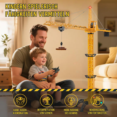 JONRRYIN Ferngesteuerte Turmkran 138 cm Höhe, 2,4 Hz 6 Kanäle RC Kran, 680 Grad Rotation Ferngesteuerte Baukran Tower Crane mit Lichter für Kinder (Gelb)