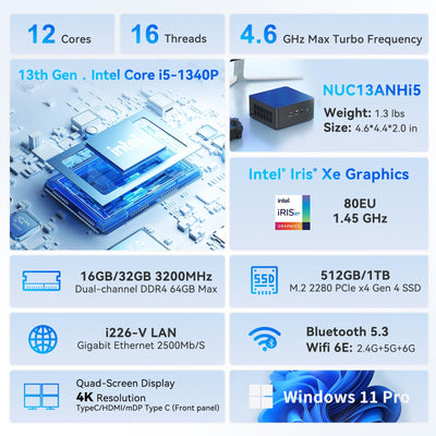 Intel NUC 13 PRO NUC13ANHi5 Arena Canyon, 16 GB RAM 512 GB SSD, Intel Core i5-1340P, Win 11 Pro Mini Desktop Computer, 8K/4K UHD, Gigabit Ethernet/WiFi-6/VESA für Business/Büro/Zuhause