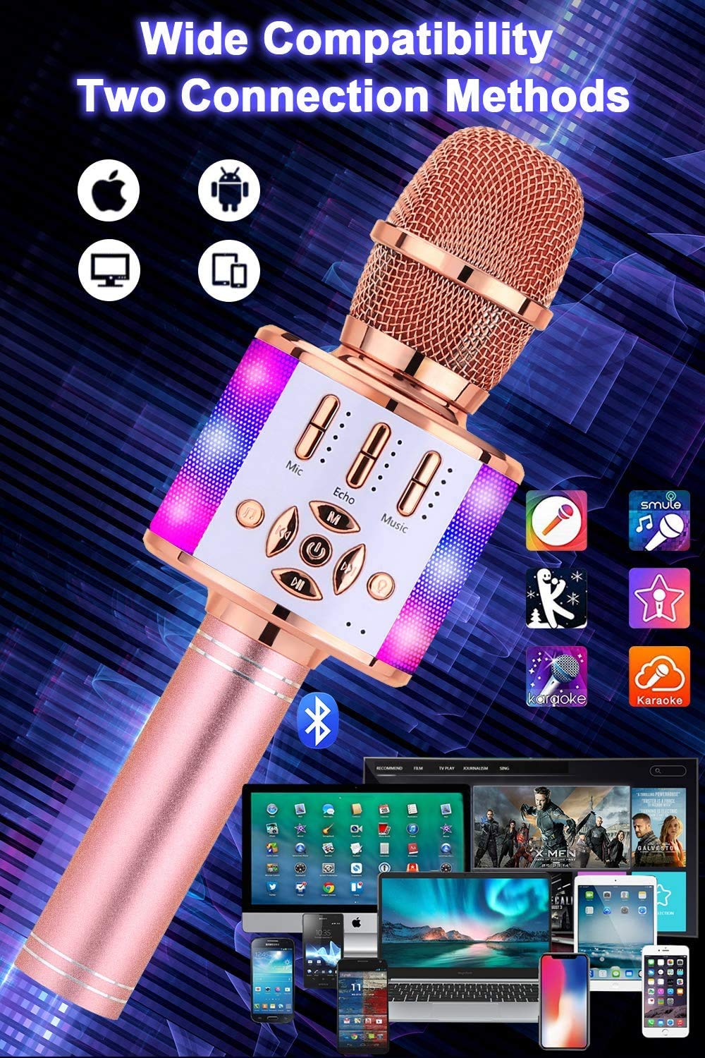 BONAOK 4 in 1 Drahtlos Tragbare Karaoke Mikrofon Lautsprecher,LED, Kinder, Heim KTV Karaoke Gerät, kompatibel mit iOS Android Bluetooth Geräten (Roségold)
