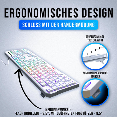 KLIM Chroma Gaming Tastatur QWERTZ DEUTSCH mit Kabel USB + Langlebig, Ergonomisch, Wasserdicht, Leise Tasten + RGB Gamer Tastatur für PC Mac Xbox One X PS4 Tastatur Weiß