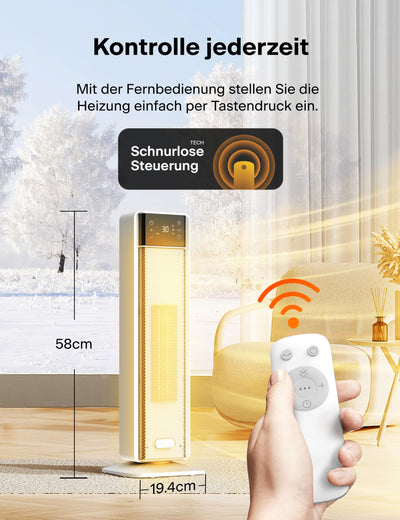 PELONIS Heizlüfter Energiesparend 2000W, Leise Keramik Heizlüfter mit Fernbedienung & Thermostat, 75° Oszillation & 24 Std. Timer, Elektrischer Heizlüfter für Schlafzimmer, Elektroheizung Heater 58CM
