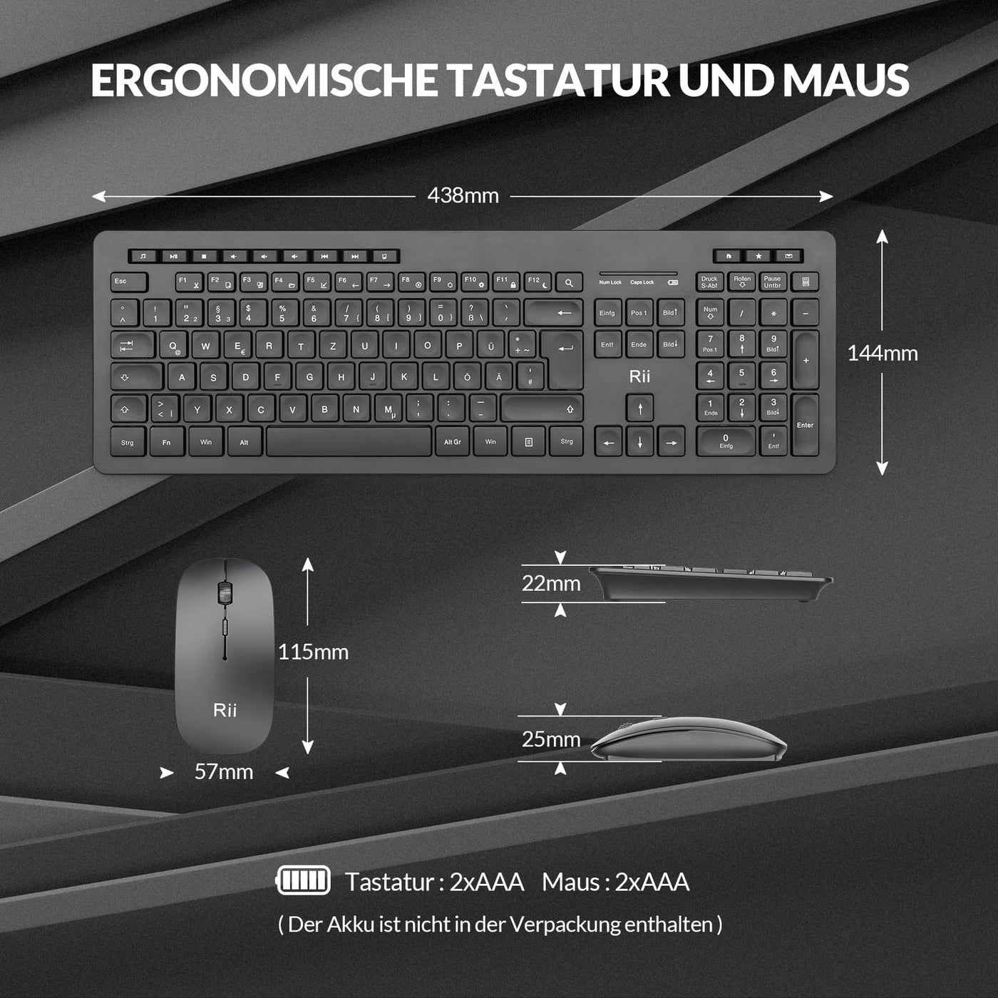 Rii Leise Tastatur Maus Set kabellos, Funktastatur mit Maus, Wireless Keyboard and Mouse, Für PC/Laptop/Windows/Smart TV, Deutsches Layout - schwarz